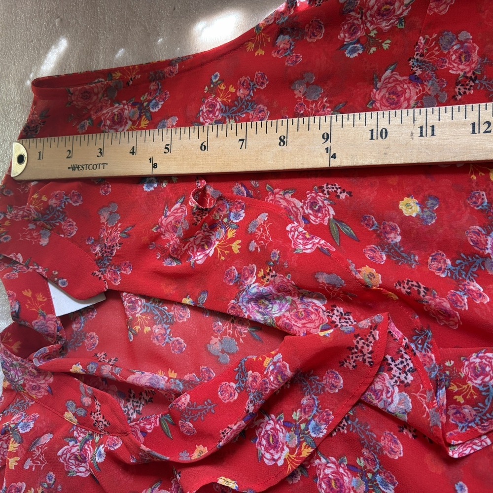 CABI Crush Floral Chiffon Shirt Women M Red Sheer Ruffle V Neck Sleeveless Top - Picture 8 of 11